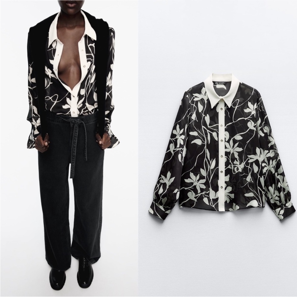 ZARA Black and White Floral Women's Top - Picture 2 of 3